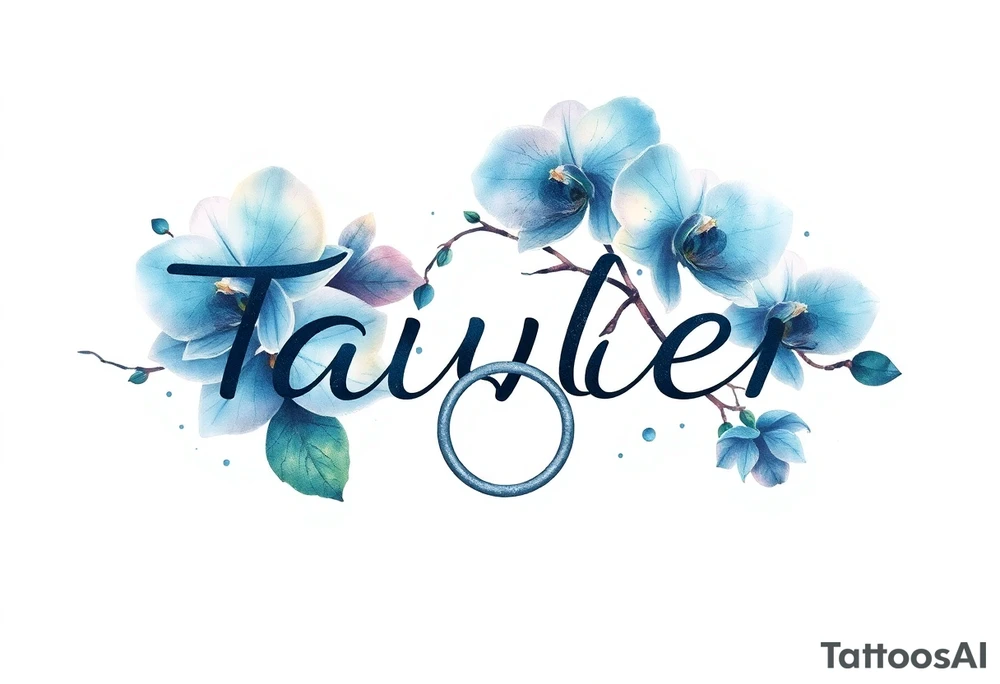 Taiylor spelled going down in a line with a ring as the “o” with hearts and blue orchid flowers tattoo idea
