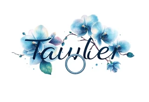 Taiylor spelled going down in a line with a ring as the “o” with hearts and blue orchid flowers tattoo idea