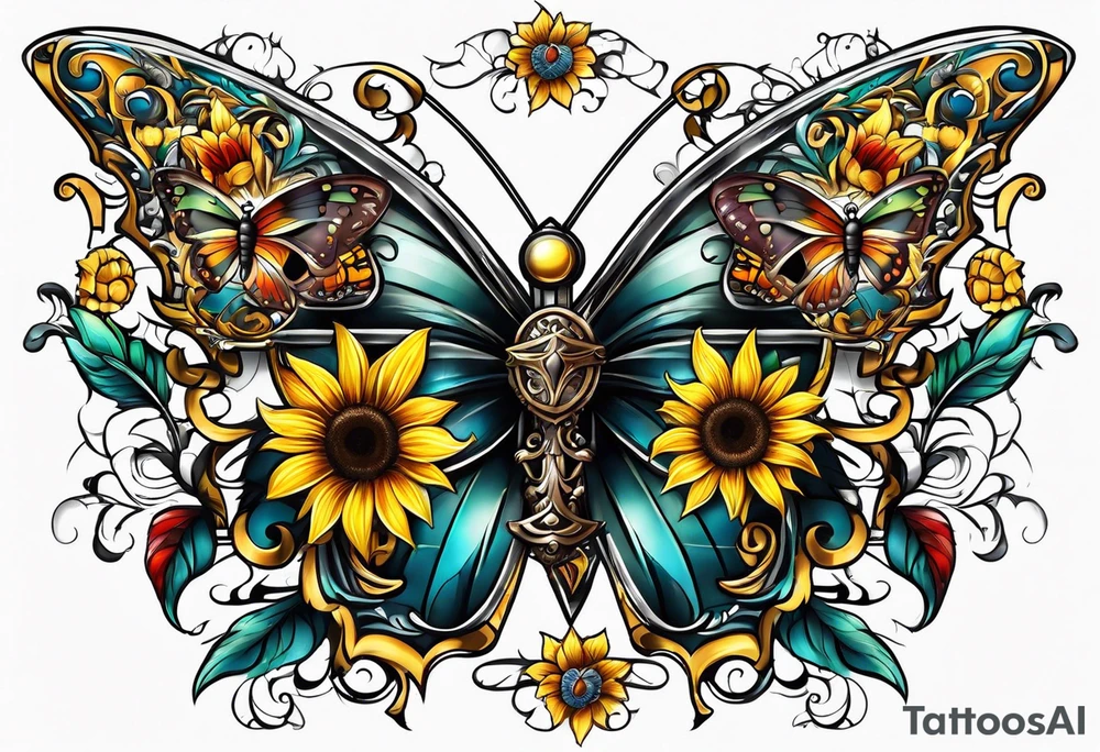 Winged cross with sunflower and butterflies tattoo idea