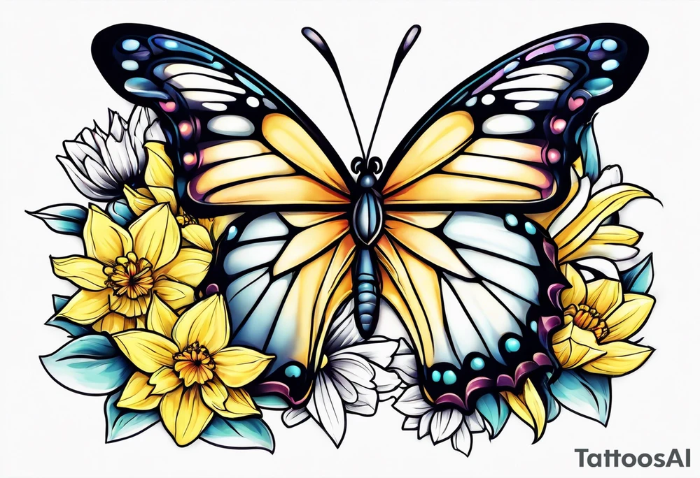 Butterfly, star and daffodils, aster tattoo idea