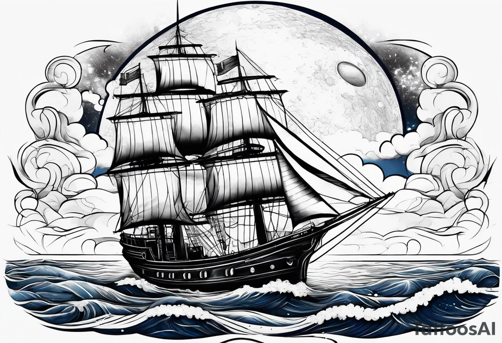 bateau, phare maritime et lune bleu tattoo idea