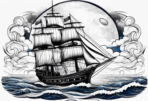 bateau, phare maritime et lune bleu tattoo idea
