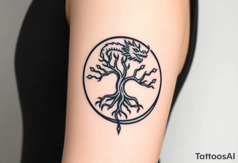 a dragon forming a circle with its body.  the dragon encircles the tree of life.  the dragon is eating the tree. the roots of the tree are strangling the dragon tattoo idea