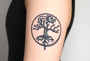 a dragon forming a circle with its body.  the dragon encircles the tree of life.  the dragon is eating the tree. the roots of the tree are strangling the dragon tattoo idea