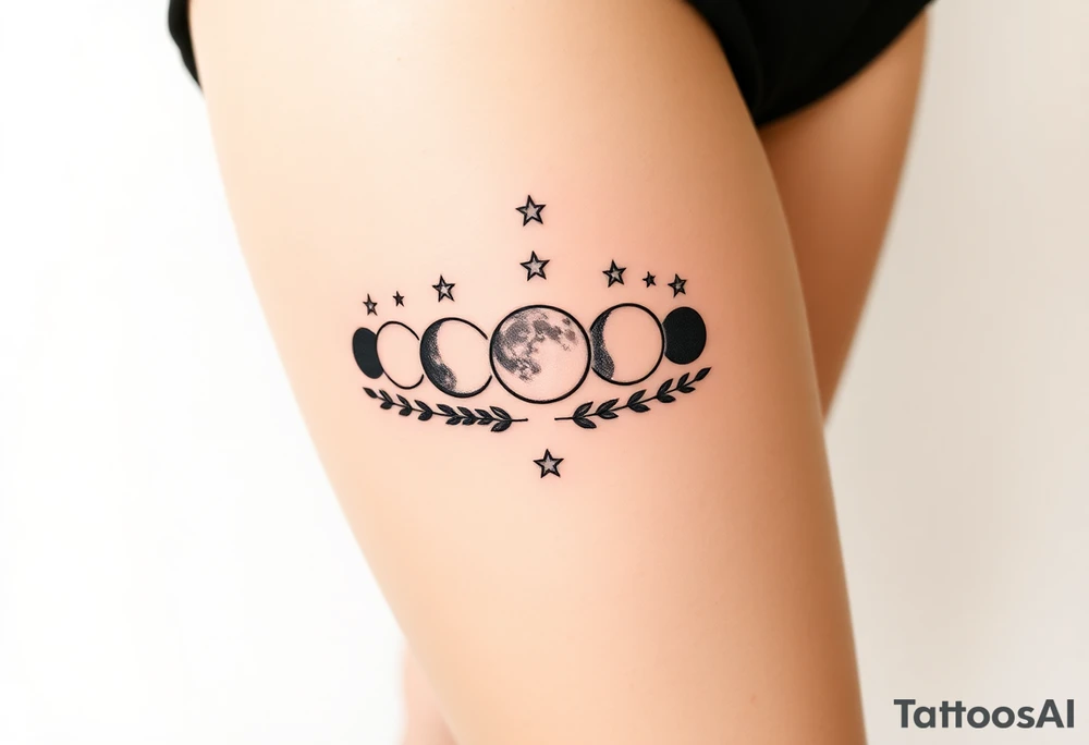 the 9 moon phases lined up vertically with stars and olive branches tattoo idea