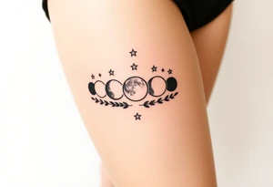 the 9 moon phases lined up vertically with stars and olive branches tattoo idea