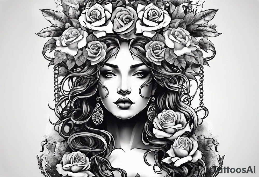 Medusa with decaying roses and the words never surrender at the base tattoo idea