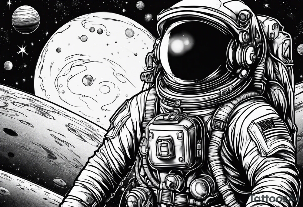 An astronaut floating in space with planets around him tattoo idea