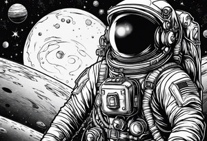An astronaut floating in space with planets around him tattoo idea