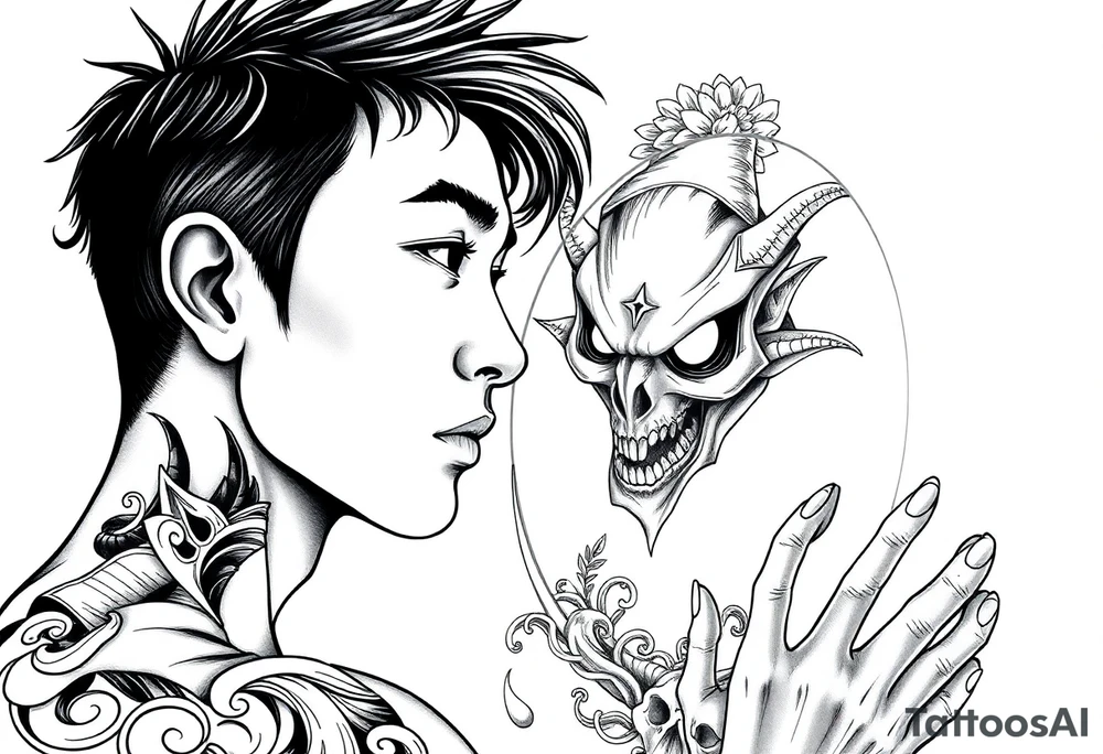 Handsome Asian young guy is looking in cursed mirror and see the evil tattoo idea
