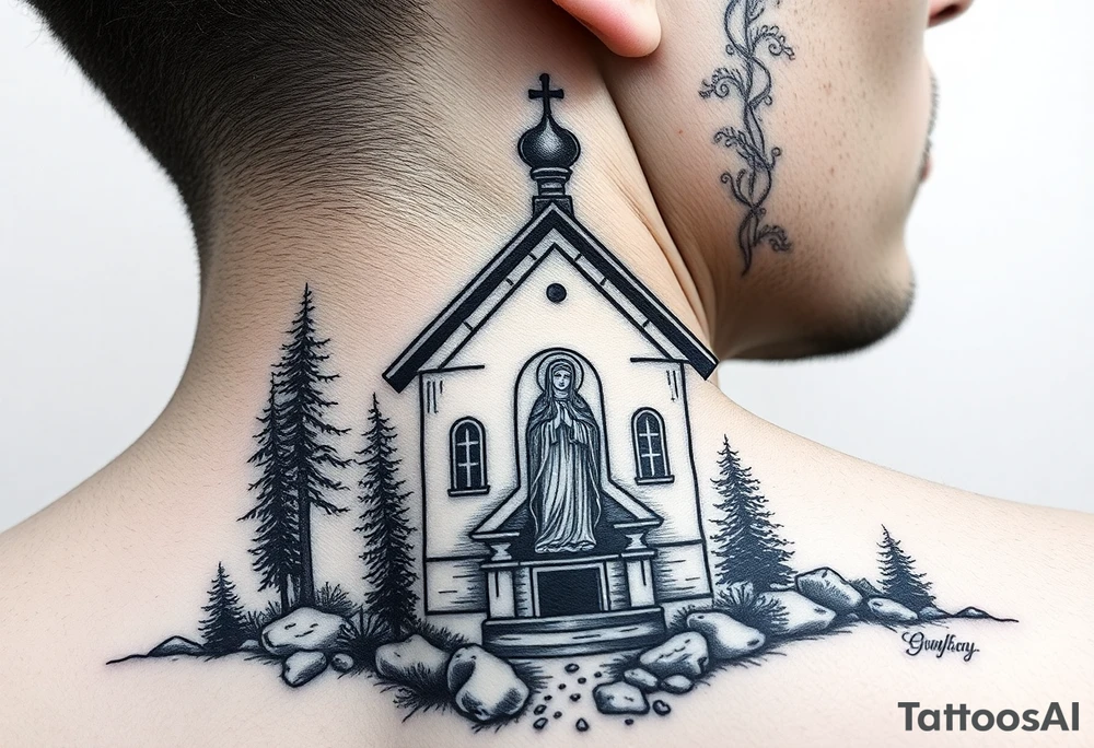 Traditional russian orthodox church in a wilderness setting with a prominent orthodox style virgin mary tattoo idea