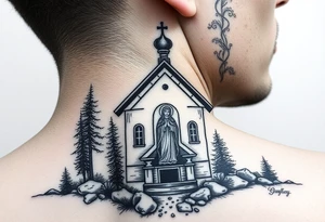 Traditional russian orthodox church in a wilderness setting with a prominent orthodox style virgin mary tattoo idea