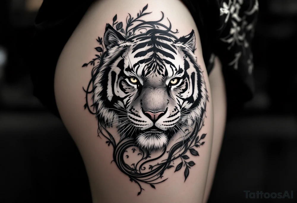 Character character in dark gray pairs with a tiger to emphasize inner and outer power. tattoo idea