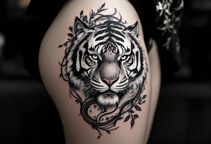 Character character in dark gray pairs with a tiger to emphasize inner and outer power. tattoo idea
