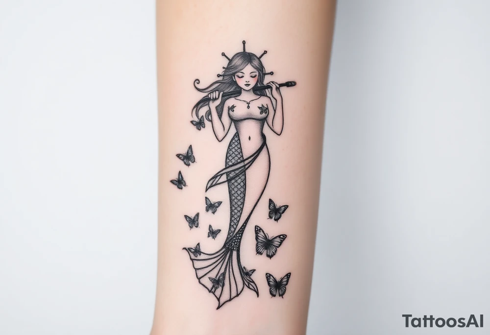 Aquarius goddess with mermaid tail Carrying  water bearer over her shoulder spilling water to the floor with a pisces fish in
Leading to butterflies tattoo idea