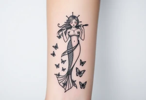 Aquarius goddess with mermaid tail Carrying  water bearer over her shoulder spilling water to the floor with a pisces fish in
Leading to butterflies tattoo idea