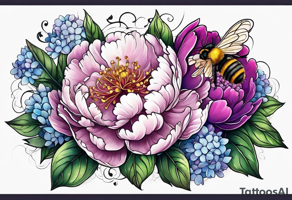 Vibrant peony with hydrangea and leaves and a bee lilac flowers tattoo idea