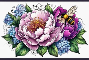 Vibrant peony with hydrangea and leaves and a bee lilac flowers tattoo idea