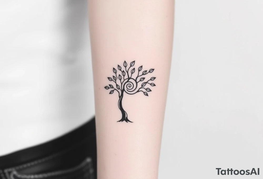 A tree with fee leaves, with a spiral line coming from the center of the tree and moving outward tattoo idea