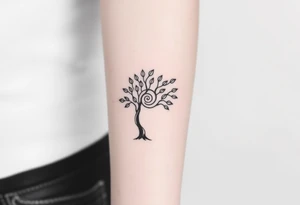 A tree with fee leaves, with a spiral line coming from the center of the tree and moving outward tattoo idea