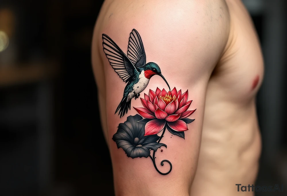 hummingbird drinking from lotus flower (Red and black colors only) tattoo idea