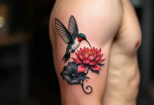 hummingbird drinking from lotus flower (Red and black colors only) tattoo idea