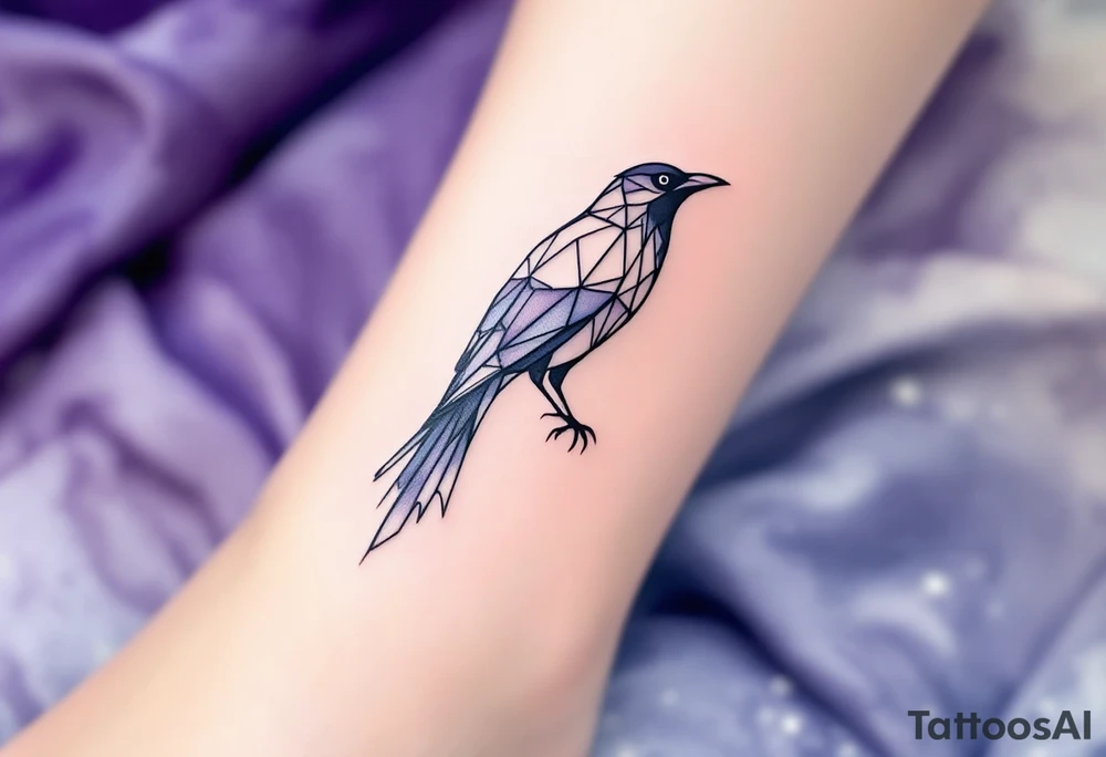 Geometric Crow – A crow formed out of black geometric shapes and sharp lines, with a soft watercolor background in muted purple and blue. tattoo idea