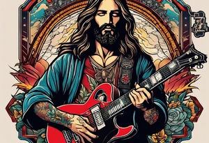 create a Jesus holding an electric guitar in one hand and a machine gun in the other whilst positioned on a cross tattoo idea