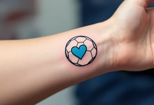 A minimalist black outline of a soccer ball with a single blue heart at its center. tattoo idea