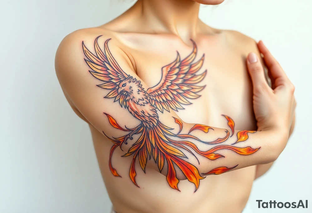 magnificent phoenix rising from golden flames with trailing embers tattoo idea