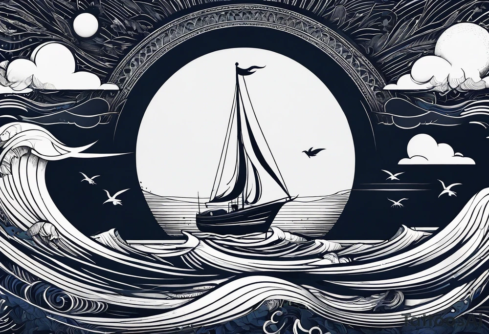 bateau, phare maritime et lune bleu.délicat,minimaliste.phoenix. tattoo idea