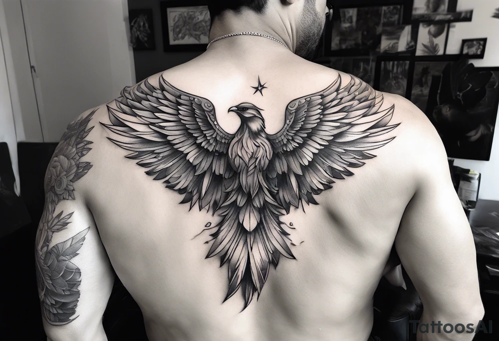 wings across male shoulders with detailed feathers, extending a few inches down each arm tattoo idea