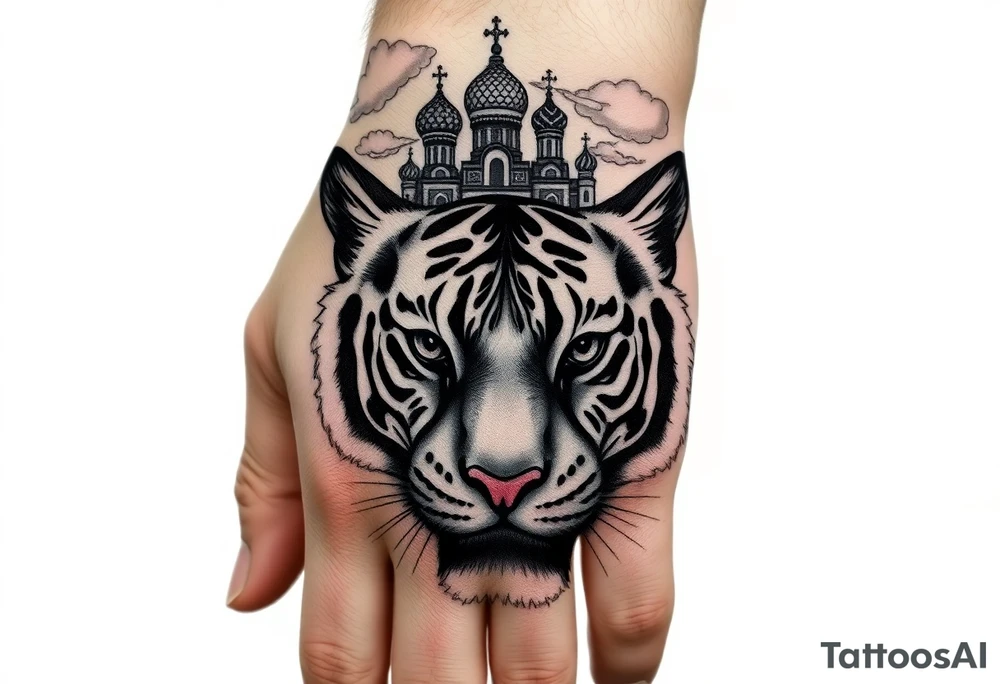 Realistic tiger face on the back of the hand with strong contrast and fine detail with hollow black eyes. with a highly detailed Russian Orthodox cathedral sitting above on fore arm with onion domes and orthodox crosses, done in fine line, engraving-like style. Cohesive composition, black ink only, no color, high contrast, slightly aged, documentary-style, plain light background. with clouds above and a virgin mary tattoo idea