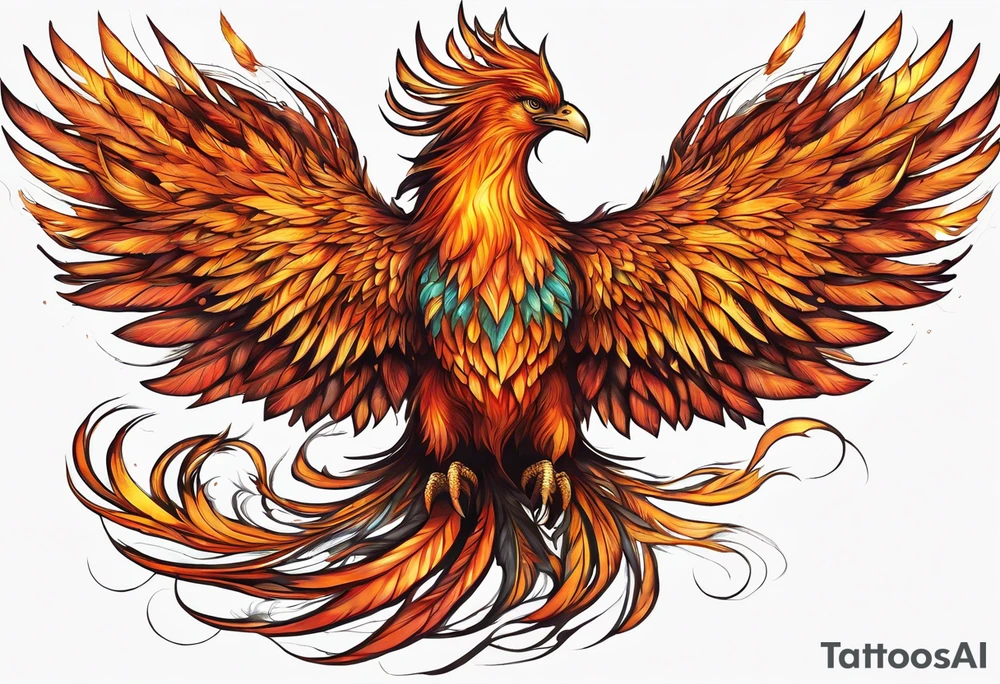 A majestic fire phoenix, rising powerfully with its wings spread wide and feathers flowing, representing rebirth and resilience. The phoenix is detailed with intricate feathers, creating a sense of movement and vitality. The design is bold, with deep shading and texture that adds dimension and intensity to its form. tattoo idea