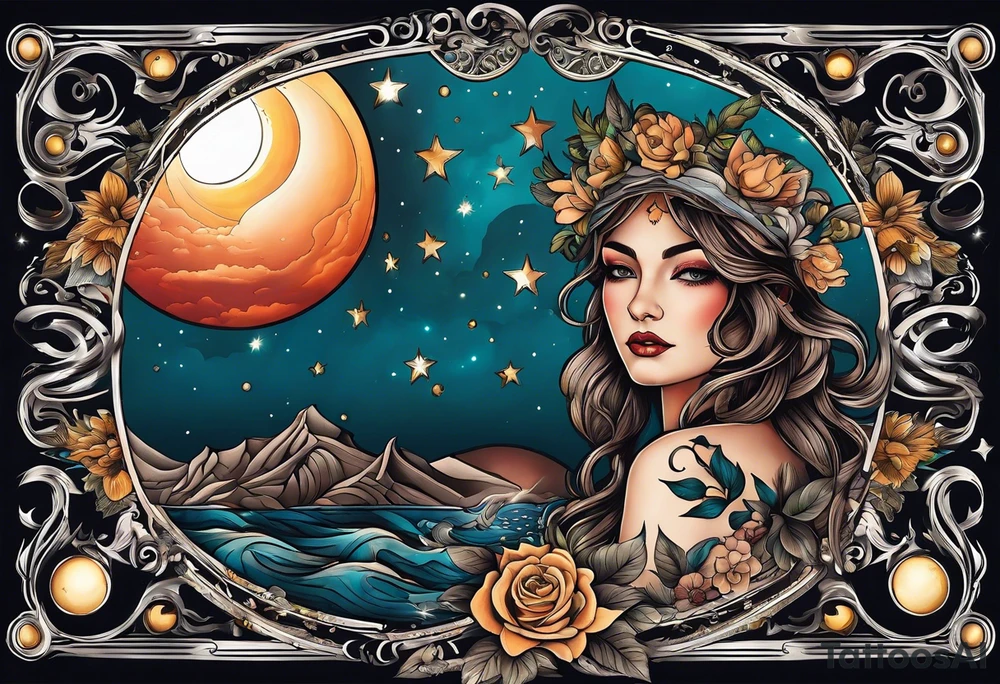 A tattoo design inspired by southern Italian folklore tales, incorporating mystical creatures and celestial objects such as moons and stars, reflecting the client's love for folklore and celestial objects. tattoo idea