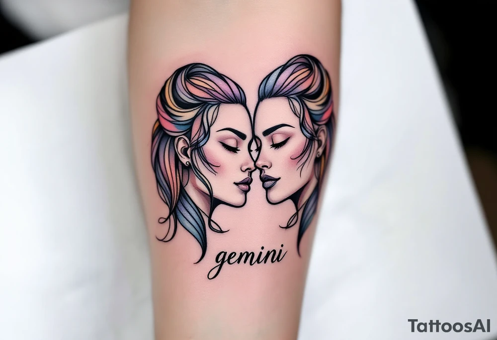 A continuous line drawing of twin faces, flowing together in a smooth and modern design with subtle pastel highlights with word "gemini" tattoo idea