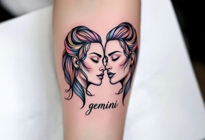 A continuous line drawing of twin faces, flowing together in a smooth and modern design with subtle pastel highlights with word "gemini" tattoo idea