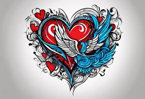 create a tattoo for men chest, the tattoo would be a big broken heart with red and blue colors, and around the heart, would be blue and red tribal shapes tattoo idea