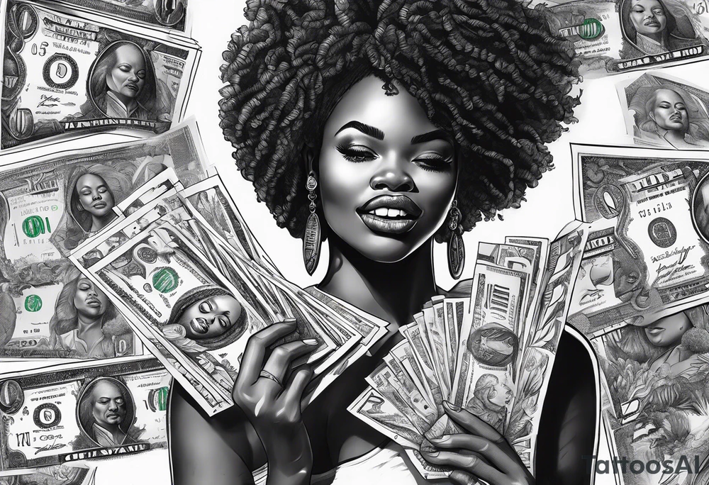 african woman biting money tattoo idea