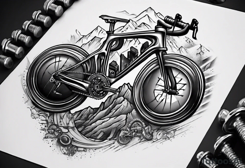 BMC road bicycle on a mountain placed on a dumbbell tattoo idea