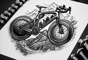 BMC road bicycle on a mountain placed on a dumbbell tattoo idea