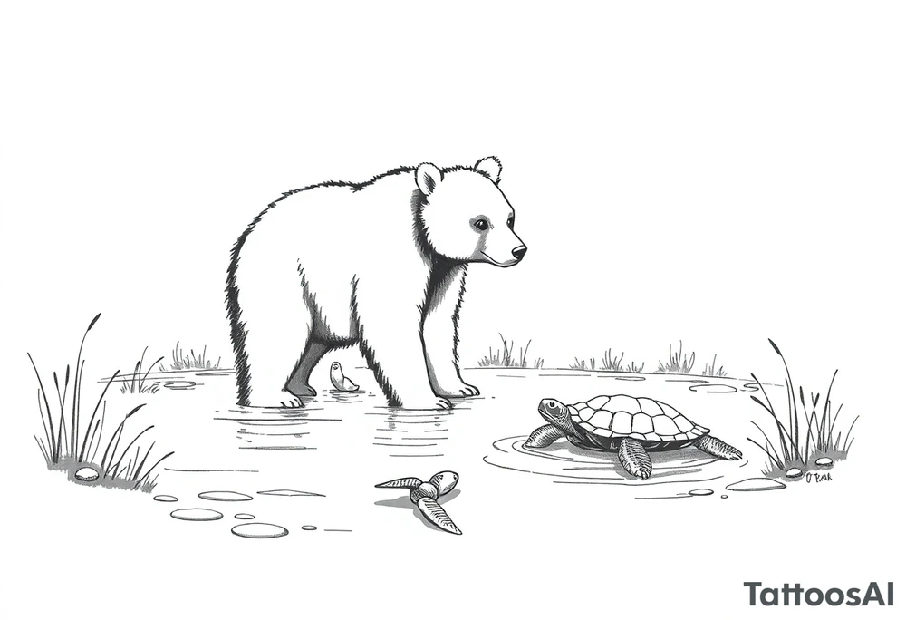 A bear in the Wild with a turtle in a lake tattoo idea