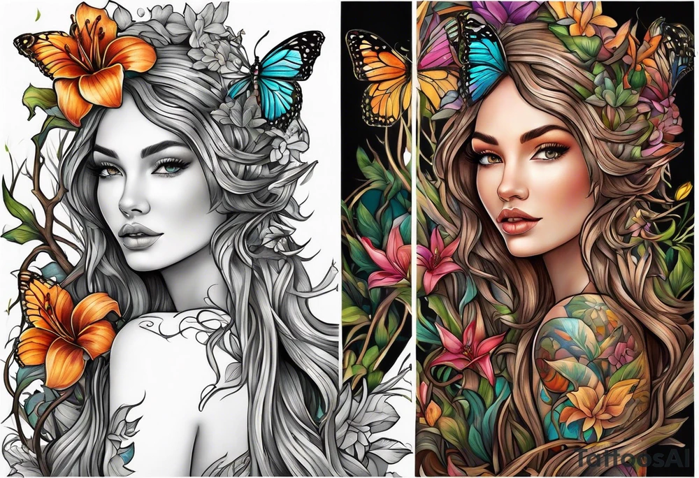 Portrait full length of Wood nymph made or bark and branches standing upright.  Butterflies in background. Lillies near her feet with colorful vegetation. tattoo idea