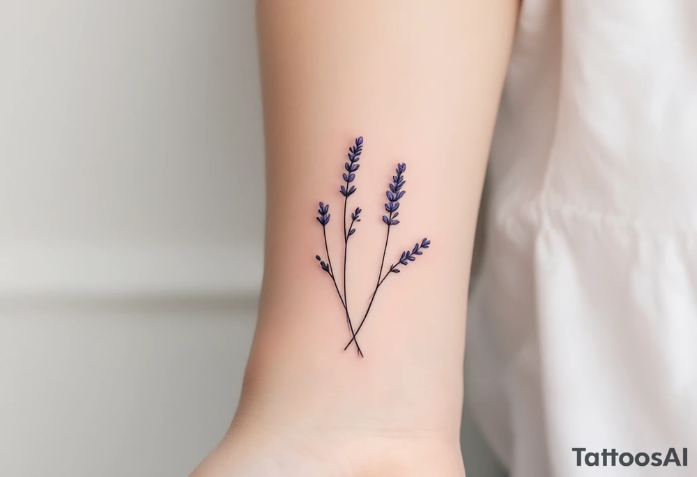 A minimalist line-art lavender sprig, with a subtle touch of violet and pastel green for a delicate and modern aesthetic. tattoo idea