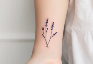 A minimalist line-art lavender sprig, with a subtle touch of violet and pastel green for a delicate and modern aesthetic. tattoo idea