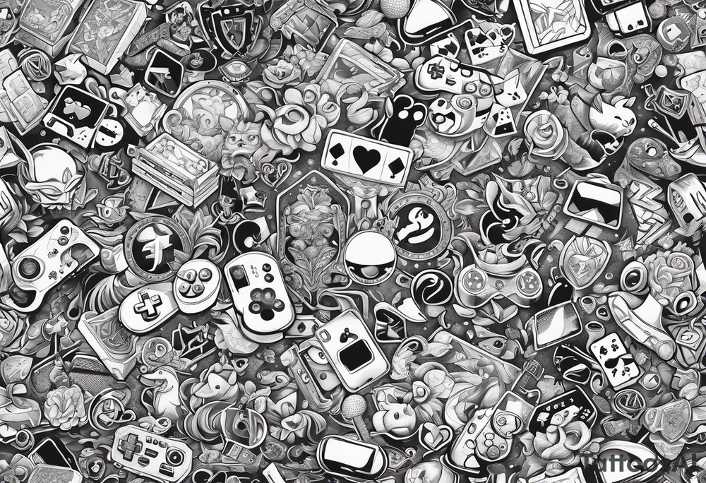 a stylized collage of iconic gaming symbols, characters, and items from various beloved games tattoo idea