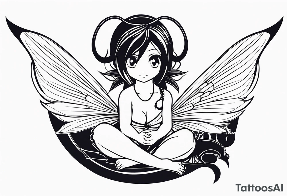 A fairy with a tail inspired by the logo of the anime show called Fairy Tail in a fetal position leaning in tattoo idea