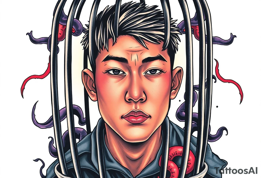 Handsome Asian young guy in evils cage tattoo idea