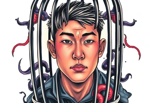 Handsome Asian young guy in evils cage tattoo idea