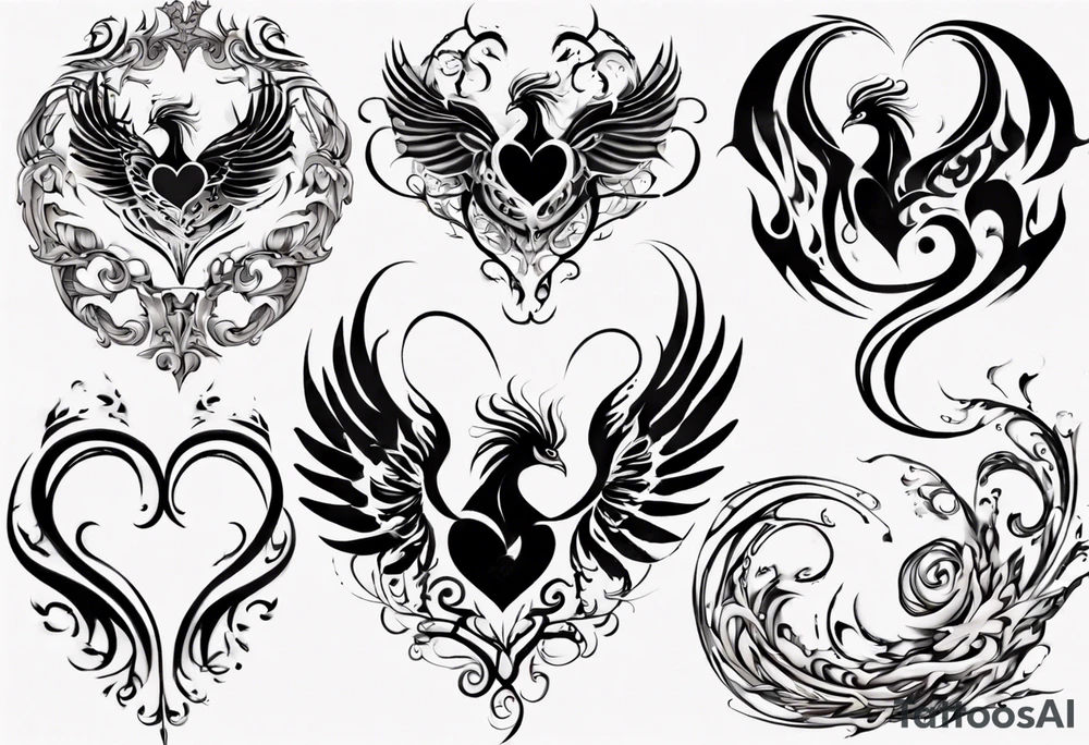 Phoenix heart shaped swirl tattoo idea